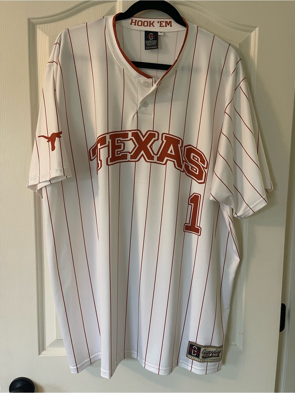 Texas Pinstripe Baseball Jersey in White and Burnt Orange